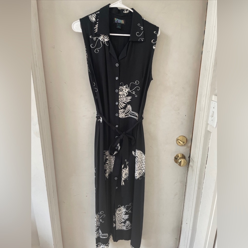 Tropical Tantrum Maxi Button Black White Koi Fish Hawaiian Dress Natural Rayon M